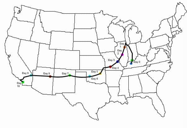 Map showing the route I took to relocated from Louisville, KY to San Diego, CA