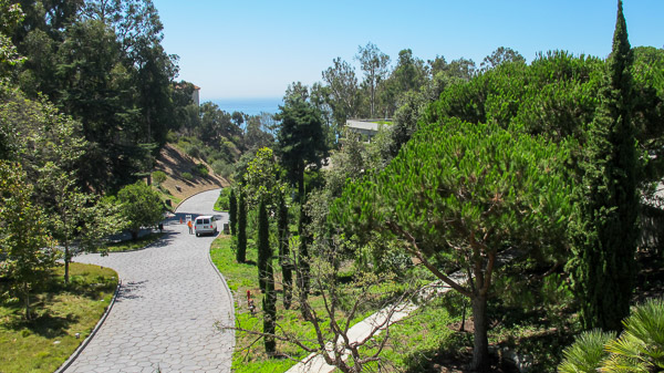 Getty Villa, front entrance and the Pacific ocean