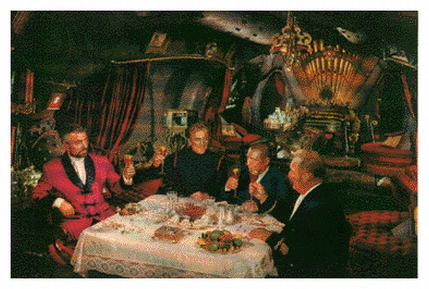 Lobby card with interior of the Nautilus. Notice the large pipe organ at the back of the salon with the Nemo crest