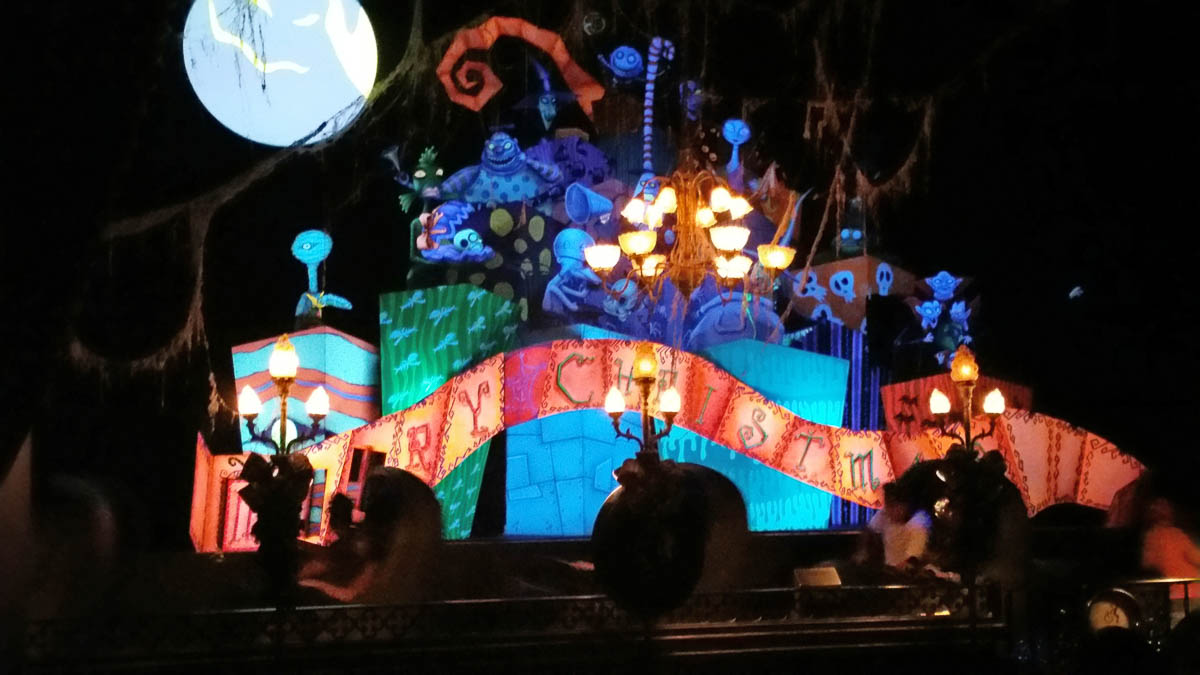 Haunted Mansion ride at night. We ere there in October and it was already decorated for the Nightmare before Christmas theme