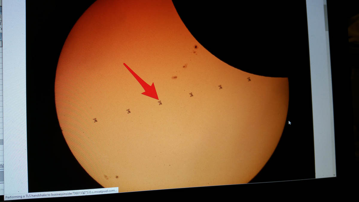 Image posted on the internest showing the Internation space station passing in front ot the sun during the eclipse
