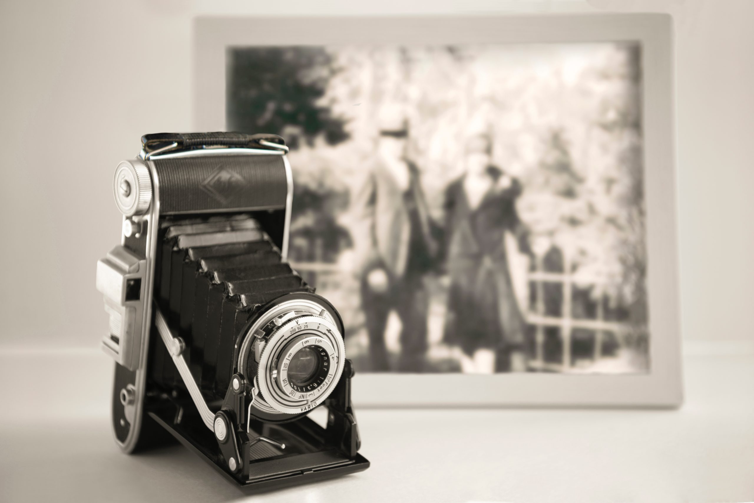 grayscale photo of vintage camera